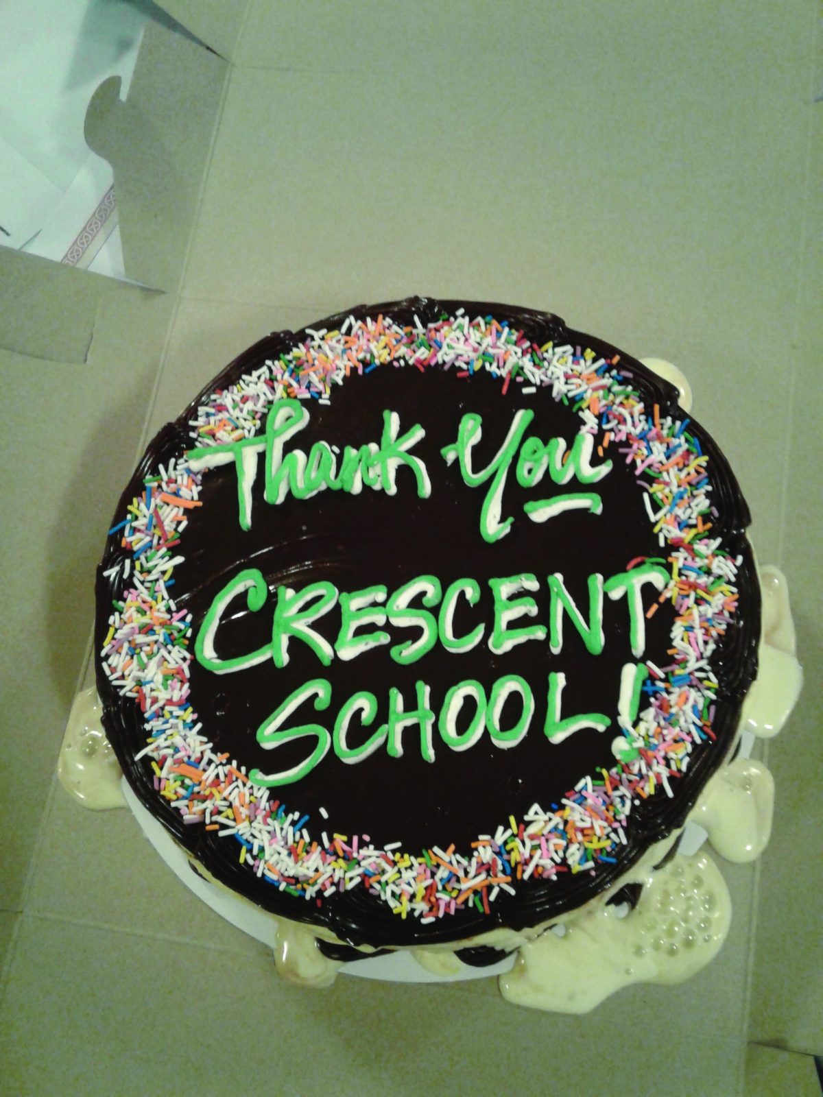 Cake with Thank You Crescent School written on it
